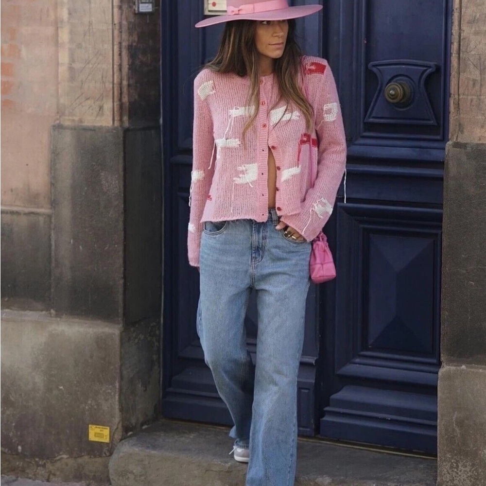 Zara patchwork open knit pink blogger favorite jacquard cardigan size large